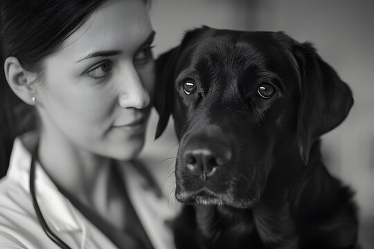 Black and White Photo of Female Doctor and Labrador Dog, To provide a striking and emotive image of a veterinarian with her patient, suitable for use