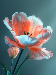 a digital photo of cinematic realism tulip, Muted glow opal white color margarite, slight pink streaks, pastel tones