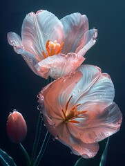 a digital photo of cinematic realism tulip, Muted glow opal white color margarite, slight pink streaks, pastel tones