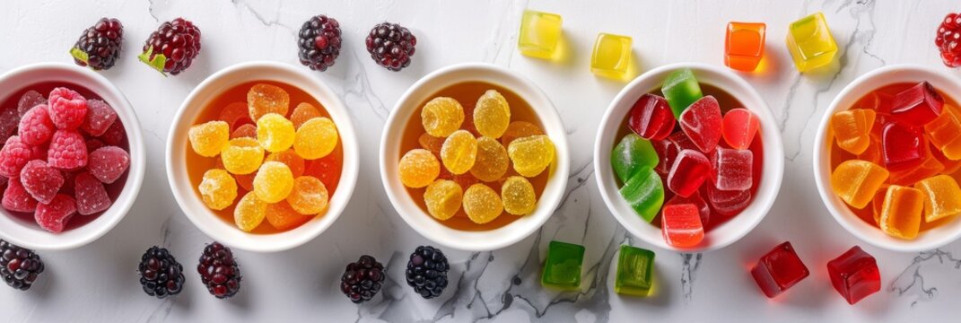Assorted candies and berries in small bowls - A delicious line-up of various gummy candies and fresh berries in small bowls, perfect for a sweet tooth indulgence