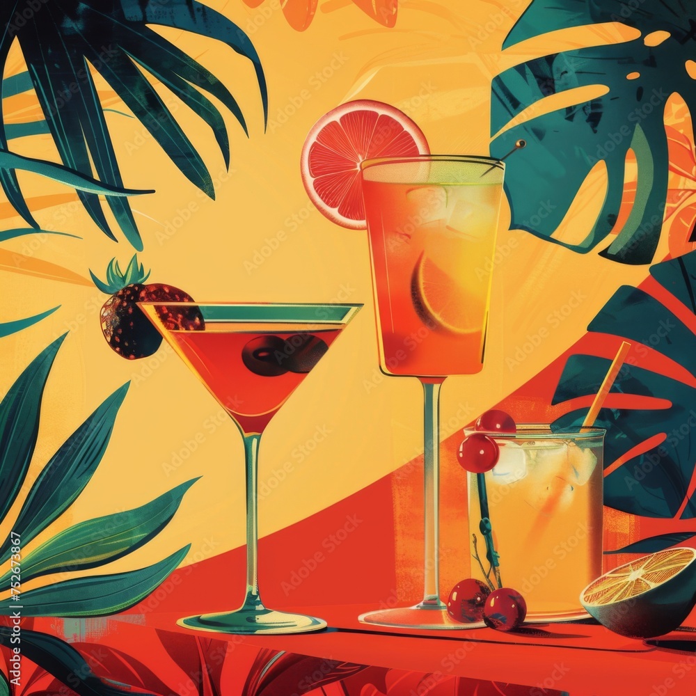 Wall mural illustration of tropical cocktails on orange background - bright and colorful digital illustration o