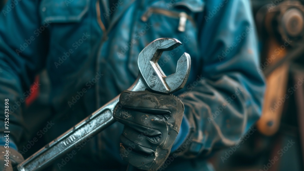 Poster mechanic holding a wrench in a workshop - close-up of a mechanic's gloved hand gripping a wrench wit