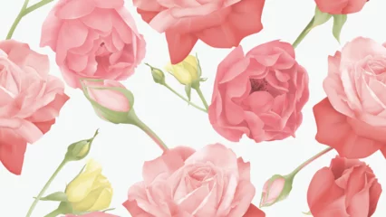 Schilderijen op glas Floral seamless pattern, pink and red roses on light grey background © momosama
