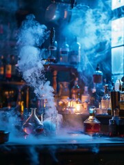 Elixir bottles with dramatic smoke in vintage bar - Mysterious smoke swirls around assorted vintage bottles, delivering an enigmatic and antique touch to an old-fashioned bar scene