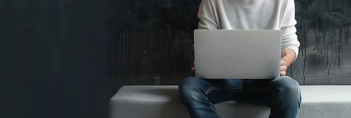 Man using laptop in modern minimalist setting - A man sits engrossed in his laptop in a contemporary space, symbolizing connectivity and productivity