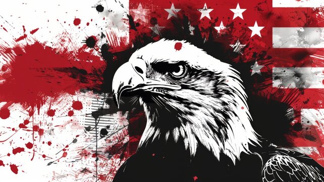 Grunge American flag and eagle illustration - A stylized bald eagle in front of a grunge American flag, depicting a sense of patriotism and freedom
