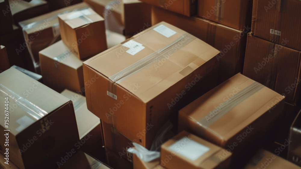 Poster a macro shot of a heap of delivery boxes showcasing the immense amount of products being shipped out