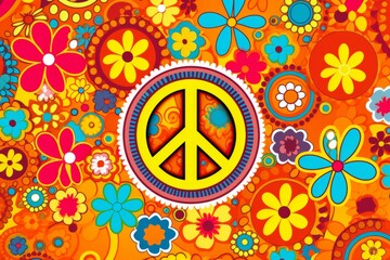 A funky and free-spirited 70s background, filled with groovy patterns, peace signs, and a kaleidoscope of vibrant colors, Generative AI