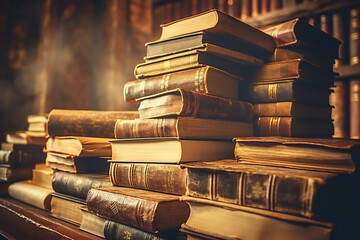A stack of old books on table against background of bookshelf in library. Ancient books as a symbol of knowledge, history, memory and information. Conceptual background on education, literature topics - obrazy, fototapety, plakaty