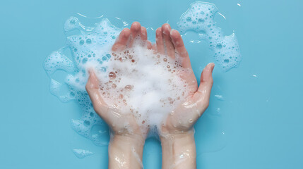 Hands immersed in soap foam on a light blue background.