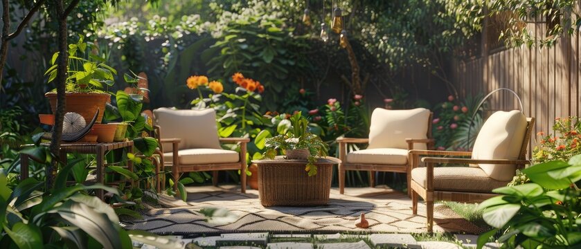3D Rendering of outdoor garden furniture scene. 3D illustration showing a garden or outdoor scene with furniture.