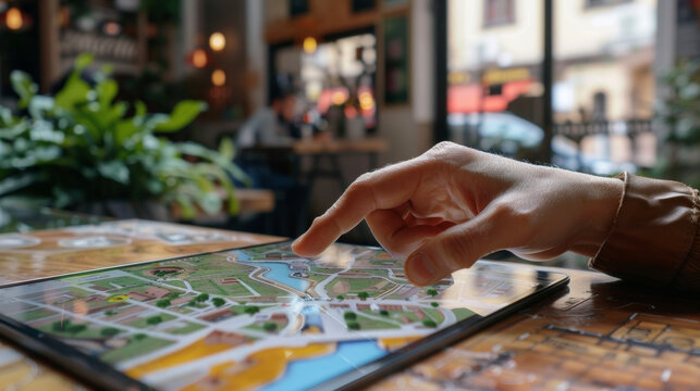 A persons finger tapping on a specific location on an AR map highlighting the nearest wheelchairfriendly coffee shops and restaurants.