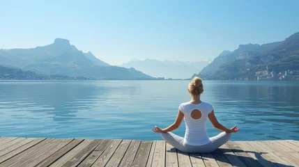 Keuken spatwand met foto Serene woman practicing mindfulness on wooden pier by tranquil lake for mental well being © Ilja
