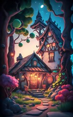 Obraz premium 3D cartoon house, 3D house with nion light