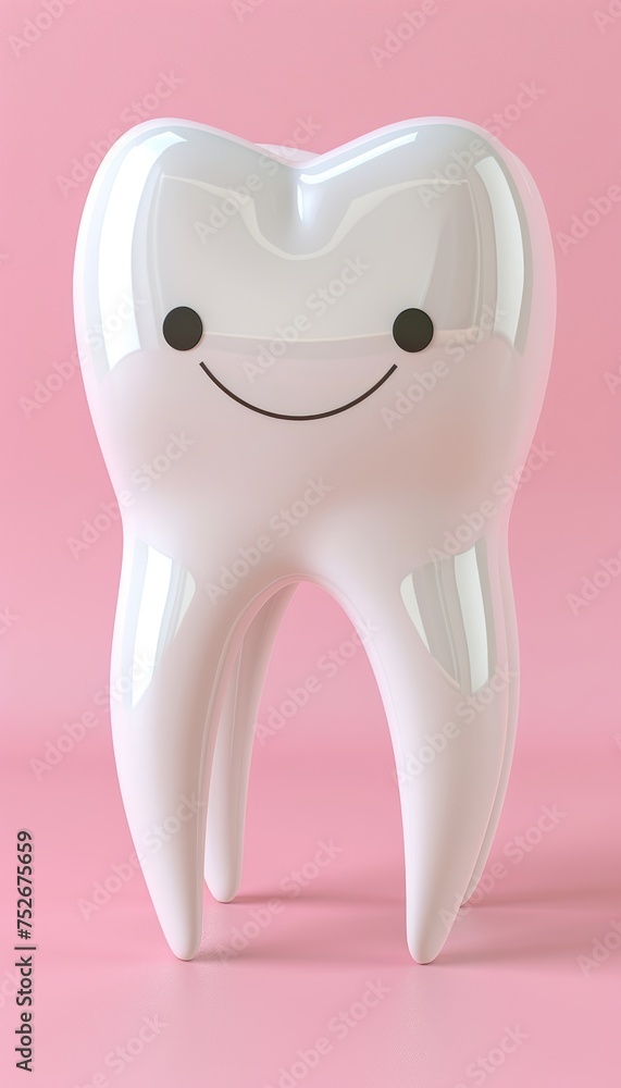 Poster 3d cute cartoon tooth character isolated on pastel color background with copy space for text