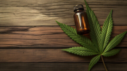 Marijuana leaf (CBD) with medical organic products in the form of marijuana oil on a wooden background