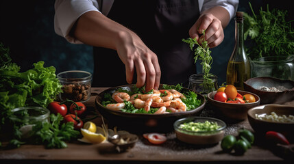 Chef preparing shrimps with fresh herbs and spices on wooden table
