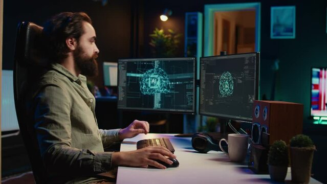 Man inserting disk into PC containing software turning AI into sentient self aware being, saluting creator. Engineer placing cartridge in computer, awakening friendly artificial intelligence, camera B