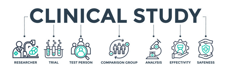 Clinical study banner web icon concept for clinical trial research with an icon of researcher, trial, test person, comparison group, analysis, effectivity, and safeness. Vector illustration 