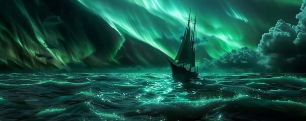 Auroras luminescent caress over a sailboat at sea where glowing waves lap against the hull guiding the way
