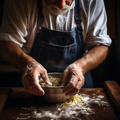 a chef's hand kneading flour, pasta - obrazy, fototapety, plakaty