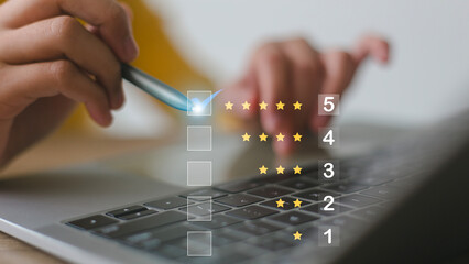 Women putting check mark a checkbox on five star rating. Increase rating company or ranking,...