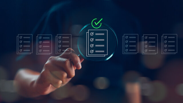 Women holding a magnifying glass, showing Audit Document concept,quality assessment management With a checklist, business document evaluation process, market data report analysis and consulting - Powered by Adobe