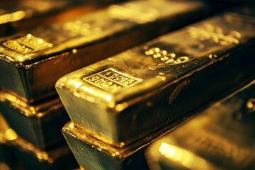 Ai generated ofGold bars Gold ingot, bullion gold, bank vault, stacked image. close up many pure gold bar ingot put on the black color with bokeh surface. many pile of gold bars in golden background.