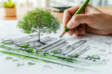 a hand sketched green tree . environment day concept. .Generative AI - obrazy, fototapety, plakaty
