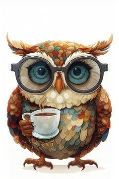 Hipster Owl with Oversized Glasses & Artisanal Coffee ☕🦉  Art on white Background