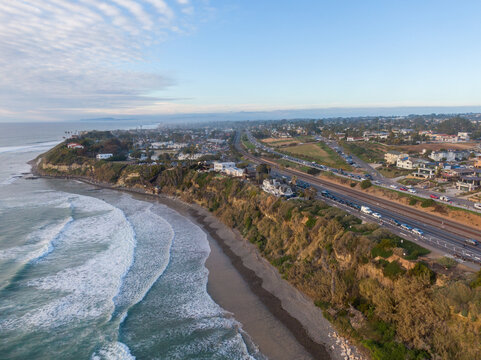 Stunning Afternoon Drone Image Showcasing San Elijo Beach in Encinitas California: Travel, Landscapes, Nature