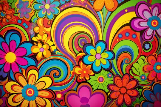 Step back in time with a groovy hippie 70s background, featuring psychedelic colors and retro patterns, Generative AI