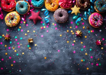 Assorted colorful donuts with sparkling decorations and stars on a dark cosmic background, ideal for festive occasions