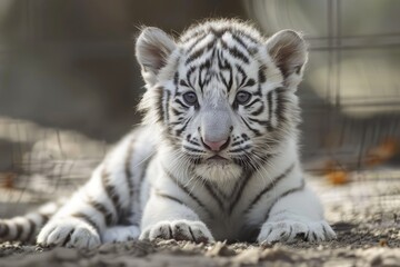 Adorable white tiger cub with striking stripes lying down with a soft gaze