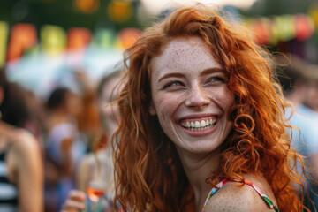 Happy moments of audience laughter and engagement during summer festival with young woman having fun