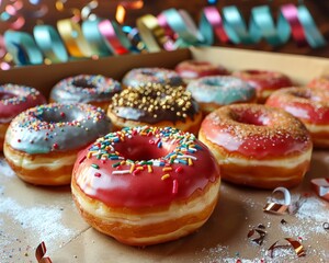 Assorted Donuts with Various Icings and Sprinkles in a Festive Box, Ready for a Celebration