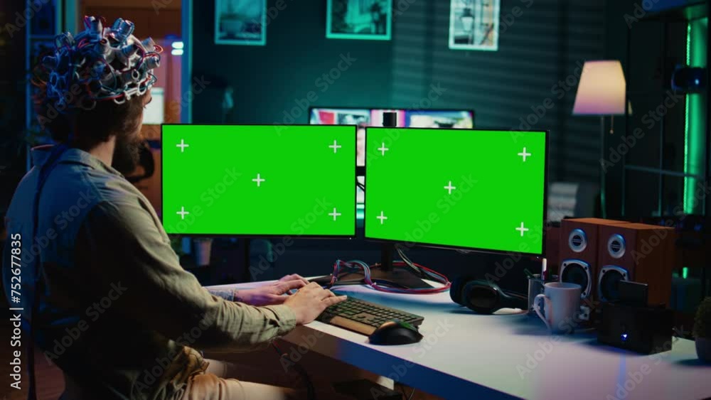 Poster computer engineer using eeg headset, starting mind upload process using green screen pc. man using n