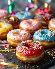 Close-up of Delicious Donuts with Colorful Frosting and Sprinkles, Ready for a Celebration