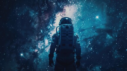 An astronaut in a modern spacesuit against the background of the Milky Way.