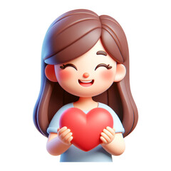 3d cute girl holding a red heart, 3d clipart, 3d character. 