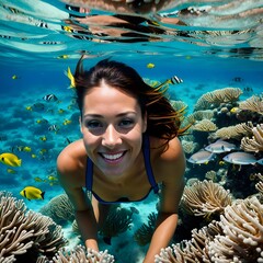 Under the sea, coral reefs, a woman swimming.