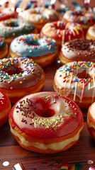 A close-up of freshly glazed donuts adorned with various toppings, highlighted by the warm ambient lighting, creating a cozy bakery atmosphere
