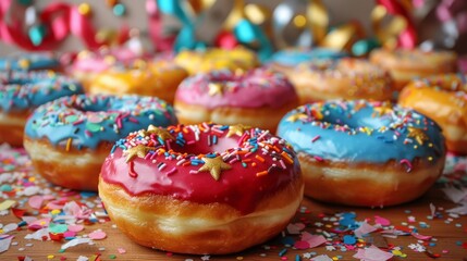 Delectable donuts with a variety of colorful icings and toppings, set against a blurred background of festive party decorations