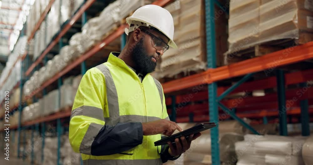 Sticker Thinking, warehouse and black man with tablet for inspection, inventory and online stock. Shipping, distribution and person on digital tech for logistics, maintenance and manufacturing in factory