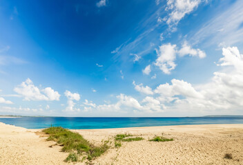 Beautiful sandy beach with turquoise sea and blue sky.
