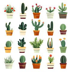 Set of various indoor cacti and succulent plants in pots, on white background, solid stark white background.[A-0003]