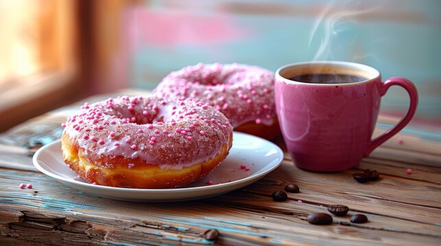 Inviting pink sprinkled doughnuts with a cup of coffee on a rustic wooden table, perfect for cozy breakfast settings