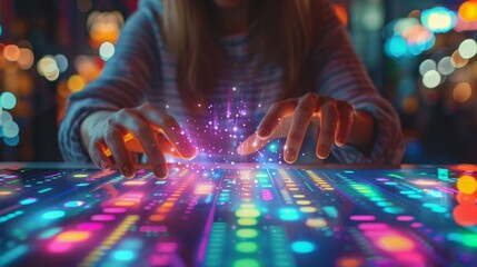 Close-up of a DJ's hands mixing music on a colorful, illuminated sound mixer in a nightclub atmosphere, dJ mixing tracks on a neon-lit console.