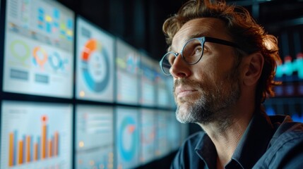 Serious business analyst gesturing while evaluating complex data visualizations on high-tech interactive wall displays, business analyst evaluating data on interactive displays.