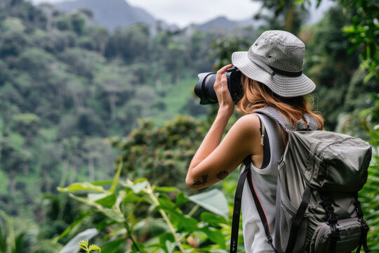 Woman photographer taking photo in nature